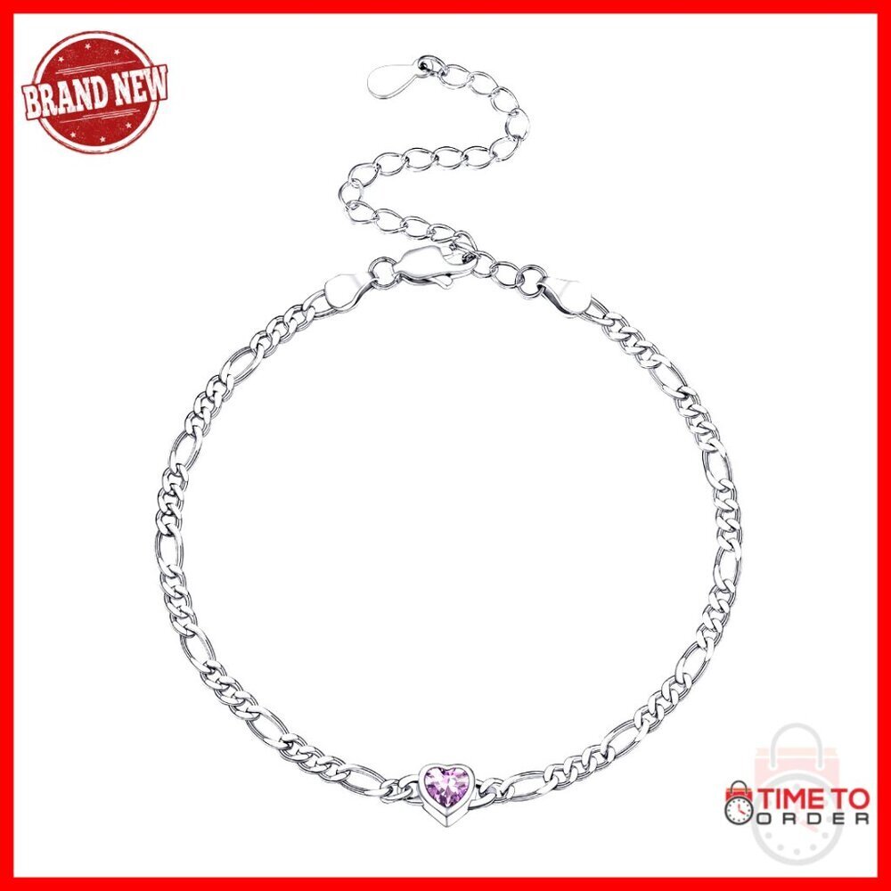 Sterling Silver Heart Bracelet with Birthstone Charm Adjustable 6.3-8.3 Inches